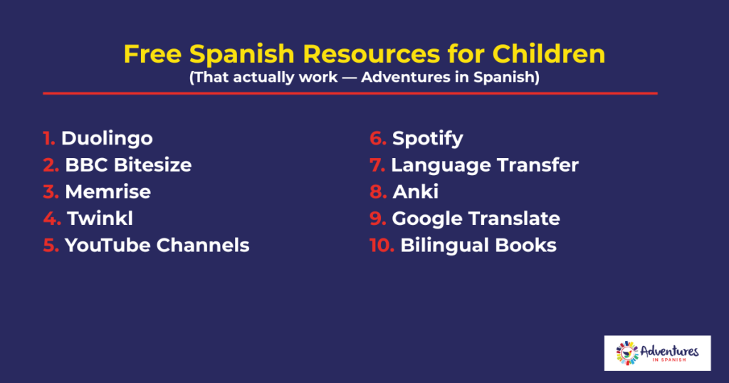 Top 10 free Spanish learning resources for children including Duolingo, BBC Bitesize and Memrise