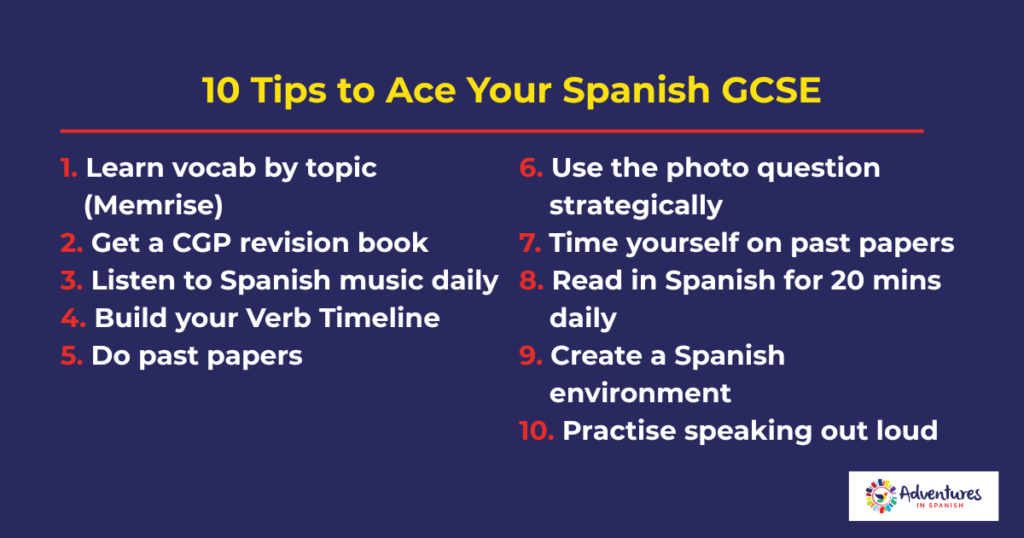 10 tips to ace your GCSE Spanish exam — summary graphic from Adventures in Spanish