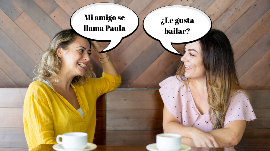 Home learners talking about friends in Spanish using beginner Spanish conversation phrases.