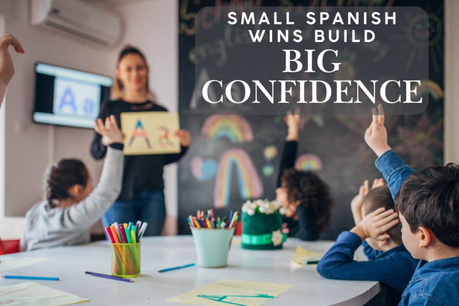 Child celebrating progress while learning Spanish