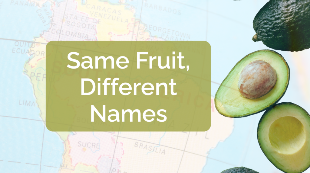 Split avocado graphic showing the same fruit labeled “aguacate” and “palta,” illustrating how Spanish vocabulary changes by country while referring to the same everyday food.