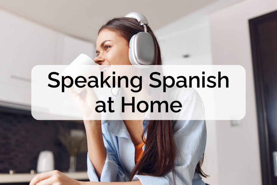 Adult Spanish learner practising speaking Spanish alone at home by recording themselves on a smartphone