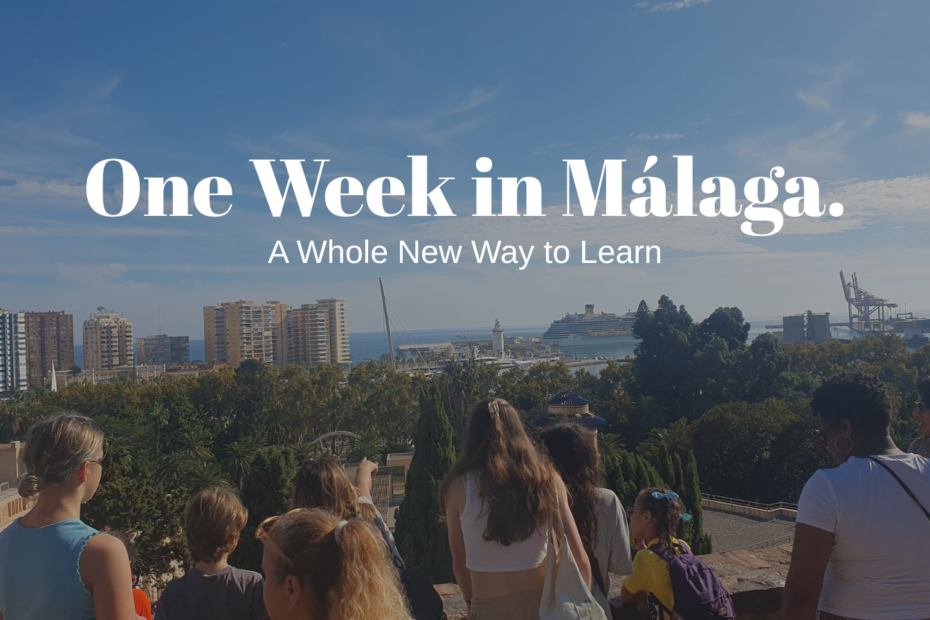 Family group on a Spanish immersion trip looking out over Málaga from the Alcazaba with their local guide